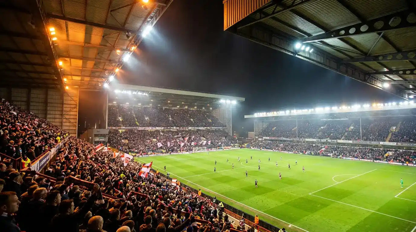 Estadio de Premier League iluminado durante partido nocturno con aficionados en las gradas