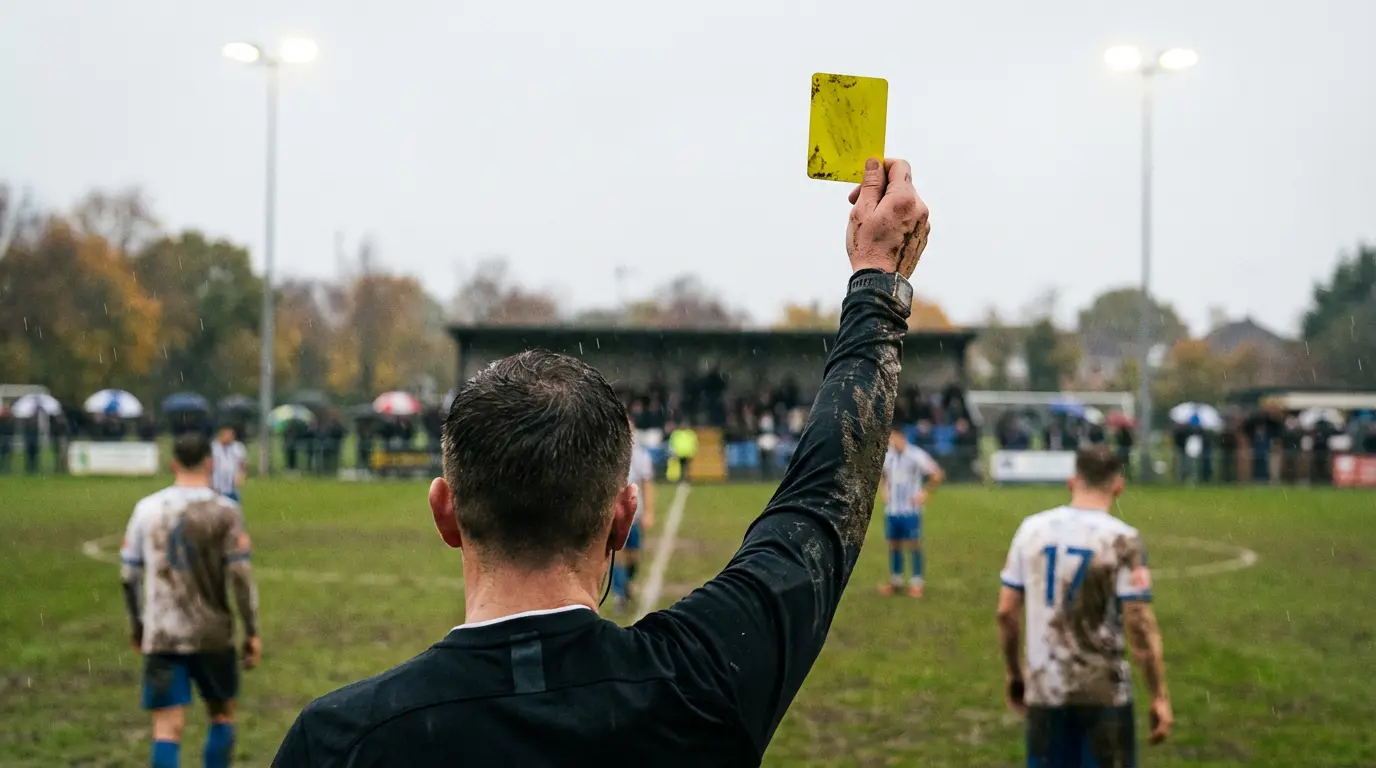 Árbitro de fútbol mostrando tarjeta amarilla en partido