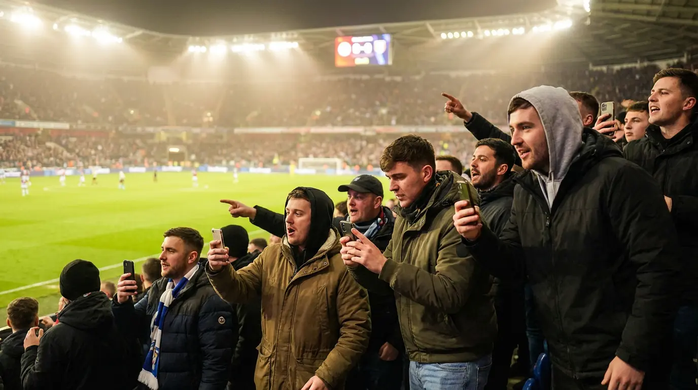 Aficionados siguiendo un partido de Premier League en directo con smartphones en las manos