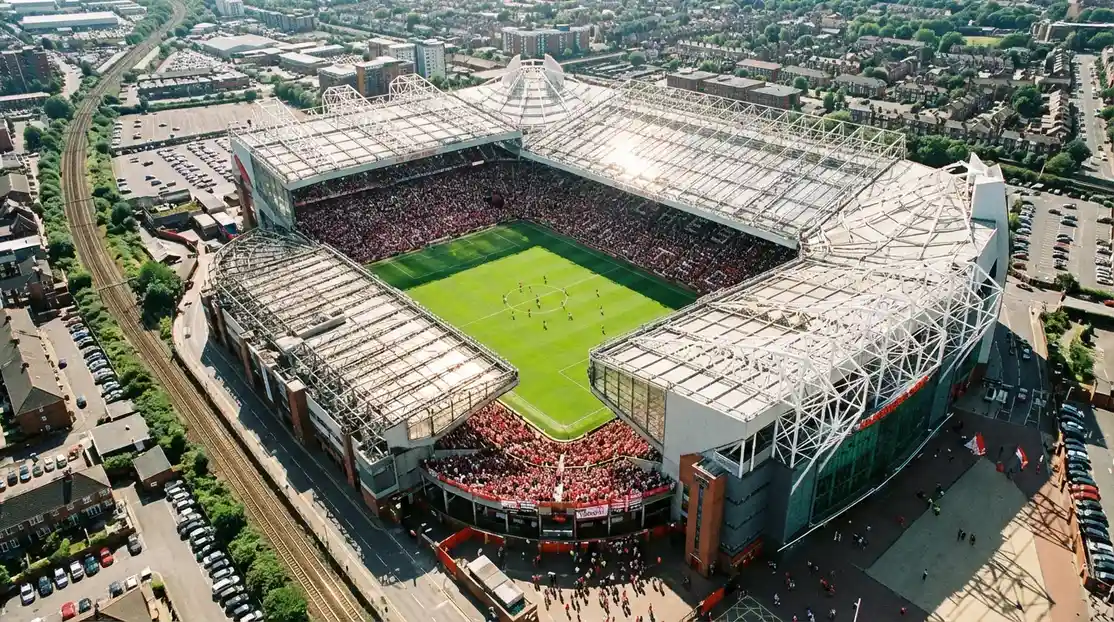 Vista aérea de estadio de fútbol inglés con afición