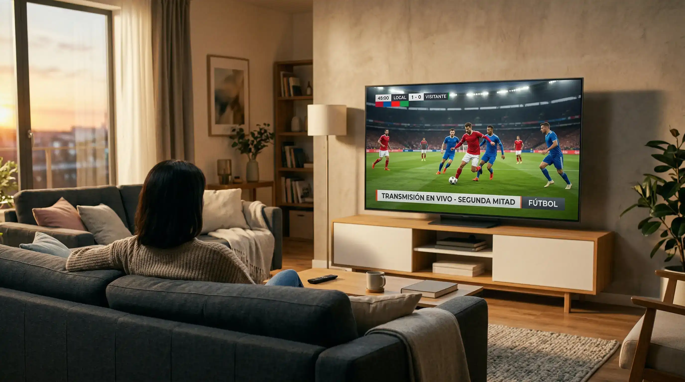 Televisor moderno mostrando partido de fútbol en salón