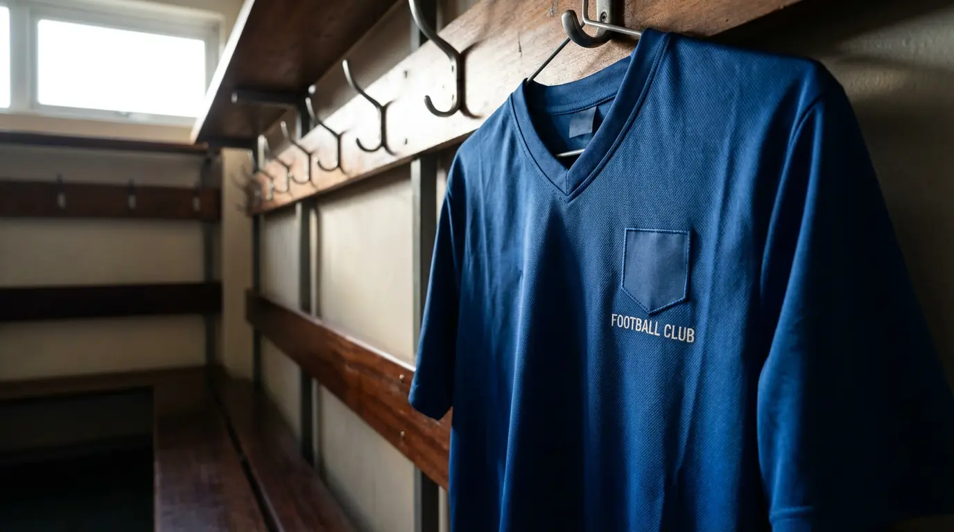 Camiseta de fútbol con logo de patrocinador en la parte frontal sobre fondo de estadio